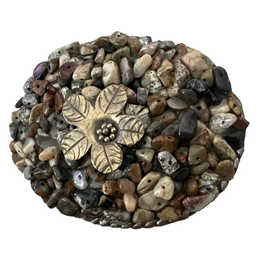 Natural Multi Colored Stones‎ with Metal Flower Accent Belt Buckle